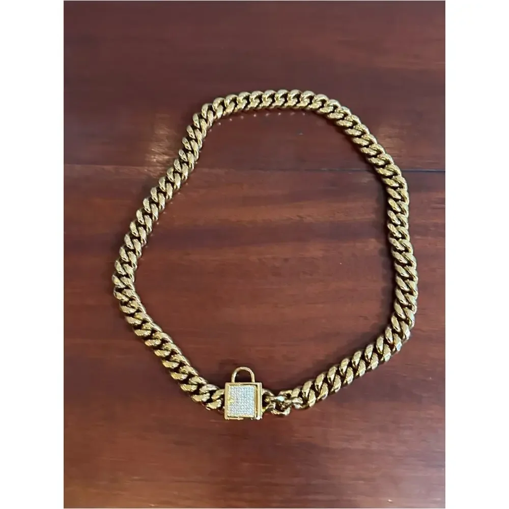 Gold Chain Dog Collar Padlock Clasp Bling Titanium Steel 24